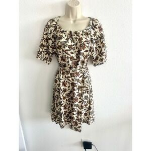 Faherty Mini Dress Carmel Beige Floral‎ XS Linen Blend Puff Sleeve Belted Boho